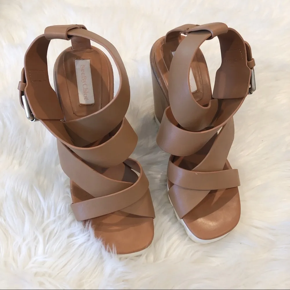 See by Chloe 37 Brown Leather Ankle Strap Wedges - Image 5