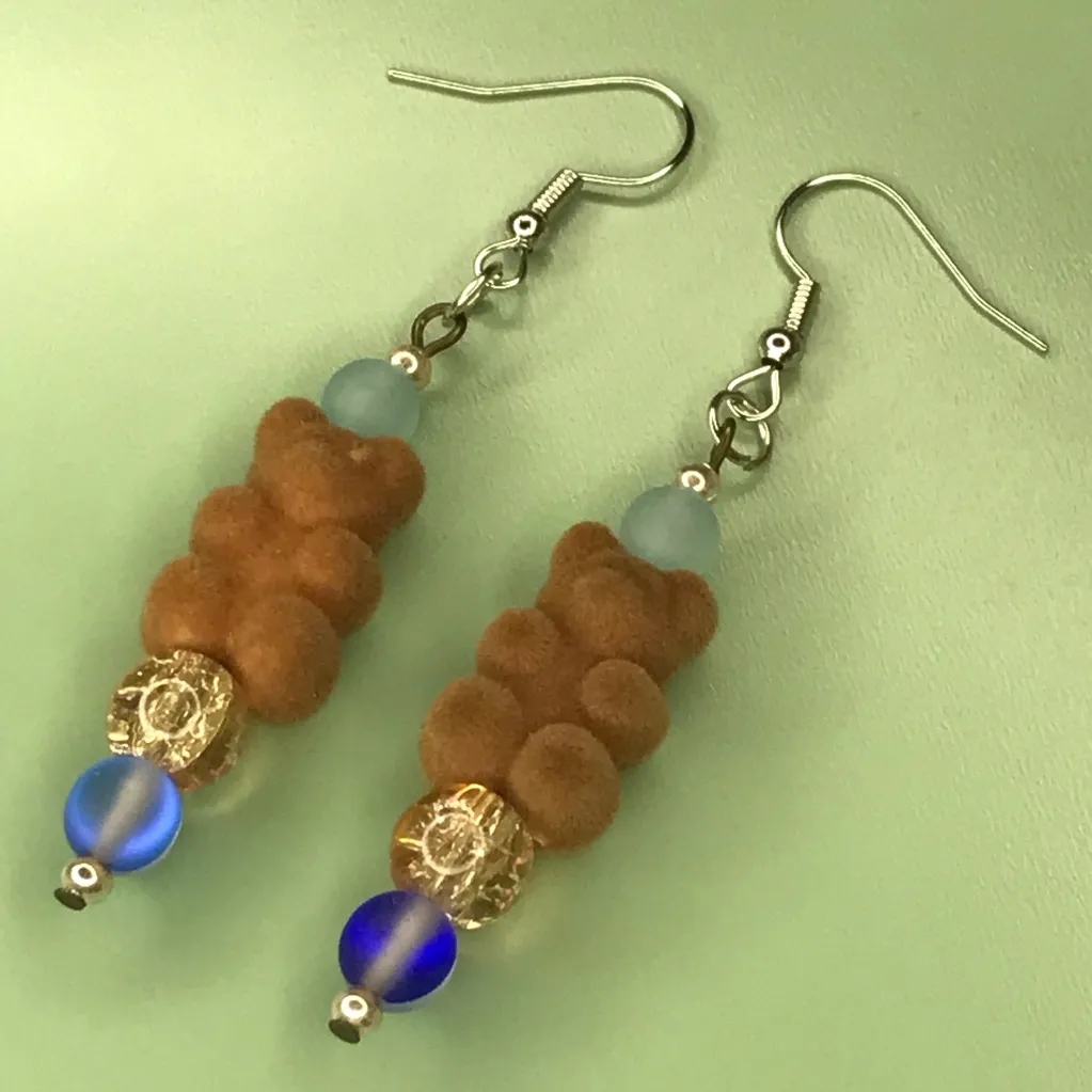 Flocked Teddy Bear Brown and Blue Beaded Earrings | Handmade - Image 2
