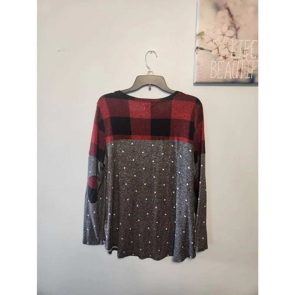 Maurices size 0x Colorblock Longsleeve T-shirt Red Black Plaid Gray Polka Dots S - Image 3