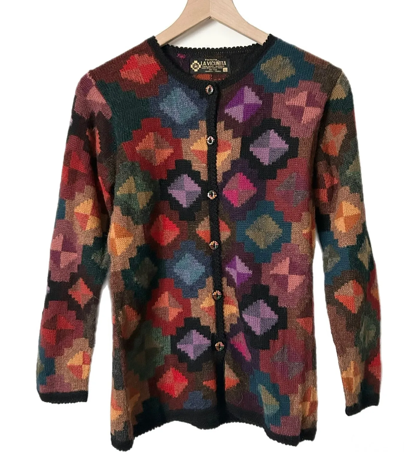 La Vicunita Baby Alpaca Geometric Pattern Button Front Cardigan Size Large Purple - Image 1