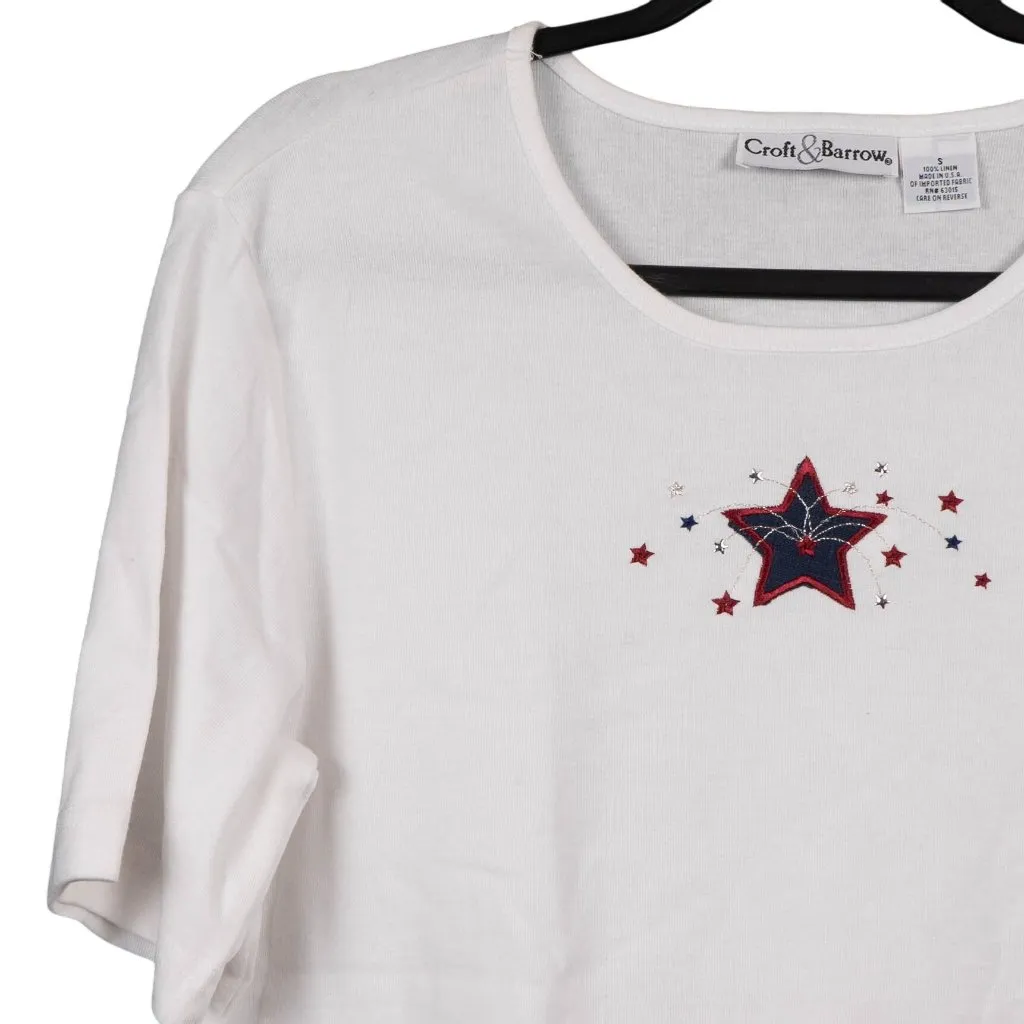Y2K Patriotic TShirt S 90s Embroidered Stars White Blue Red July 4th USA Linen - Image 2