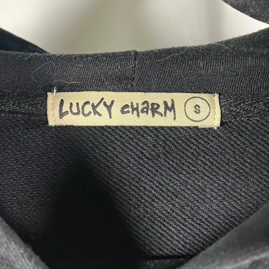 Vintage Lucky Charm Bunny Hoodie Black Varsity Patch‎ Graphic S Y2K Style Gray - Image 3