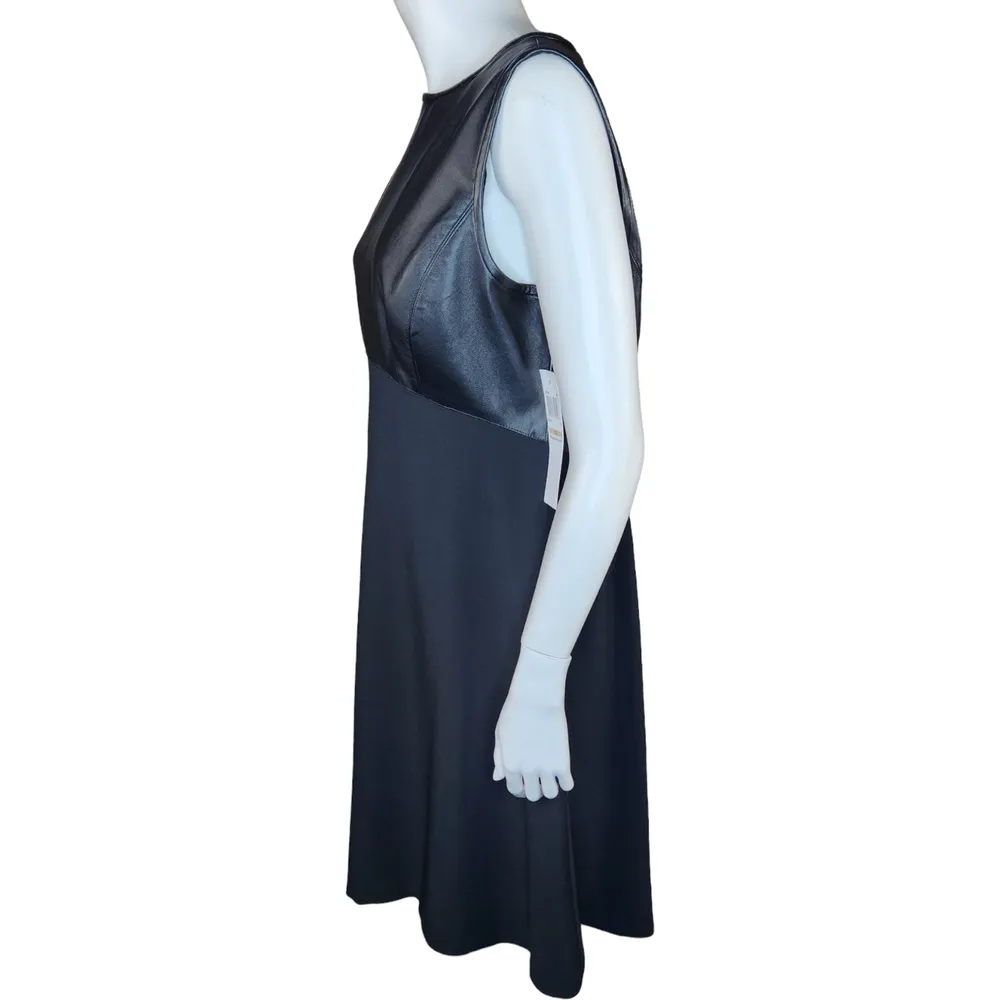 NWT Maggy London Womens 12 Black Faux Leather Fit and Flare Sleeveless Dress - Image 7