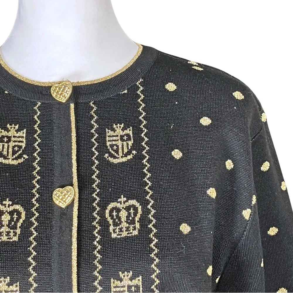 90s Vintage Asian Korean Cardigan XS Black Gold Heart Button Maximalist Eclectic - Image 11