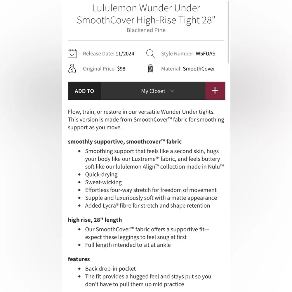 Lululemon NWOT Wunder Under SmoothCover HR Tights 28”Leggings Green Size 6 - Image 4