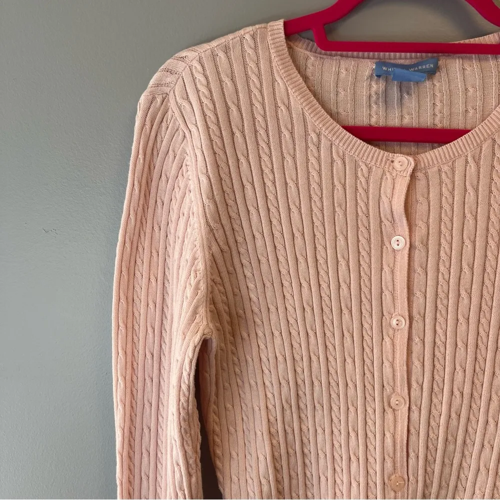White + Warren Cardigan Desert Pink Cableknit Cotton Crewneck Cardigan Sz L EUC Size L - Image 5