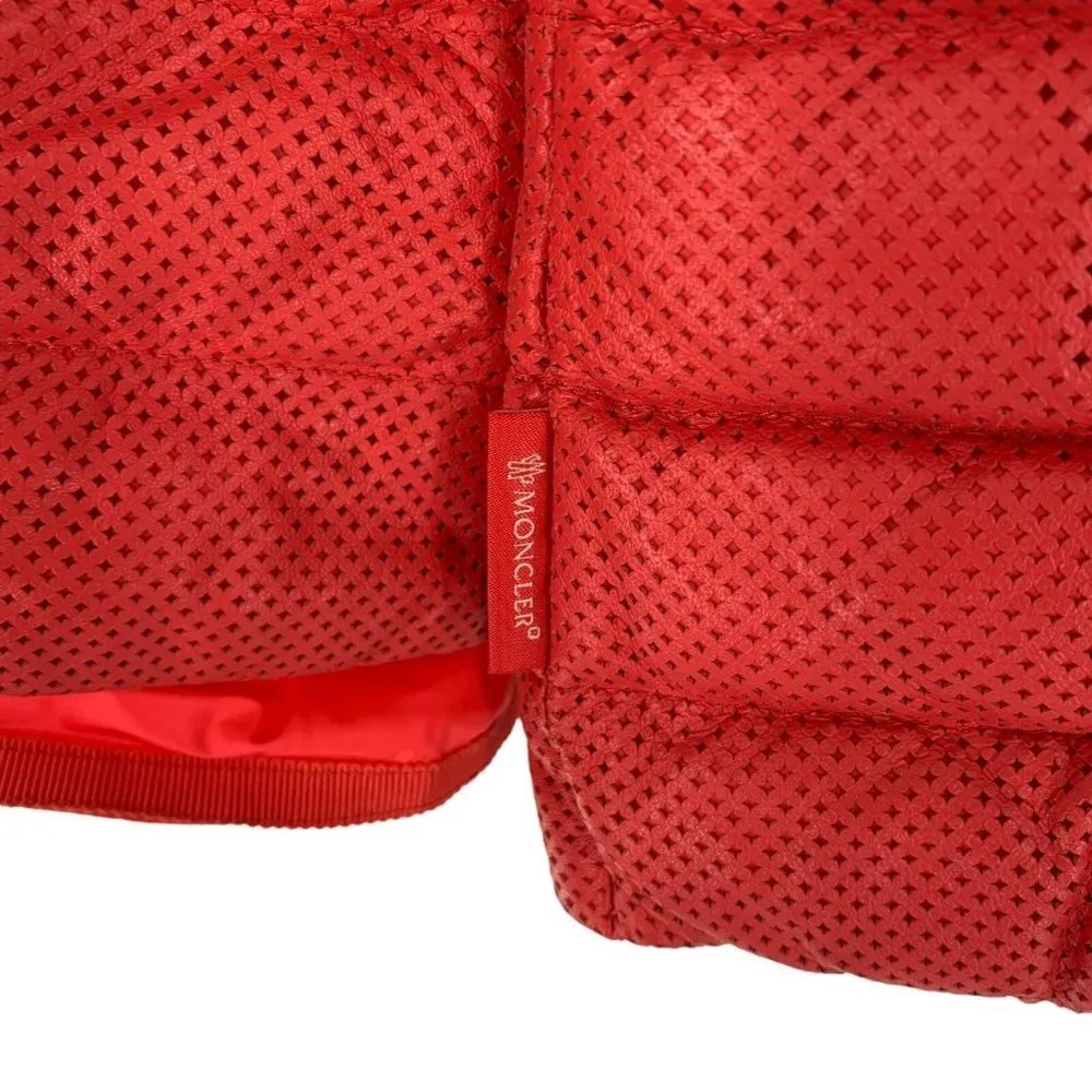 Rare MONCLER Coral Red Perforated Faux Leather Puffer Jacket Size Medium - Image 8