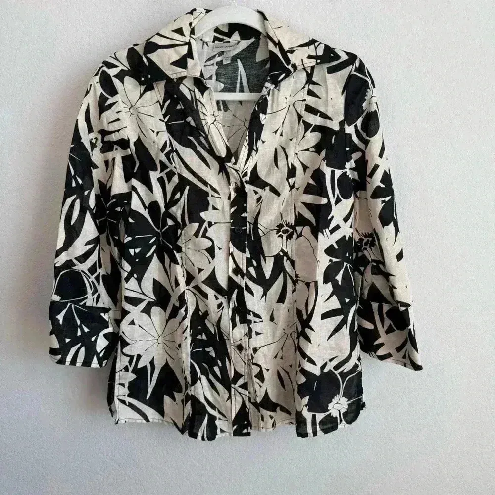 Harve Benard Woman's Black‎ Beige Floral Linen Blend Button Up Blouse Size L - Image 6