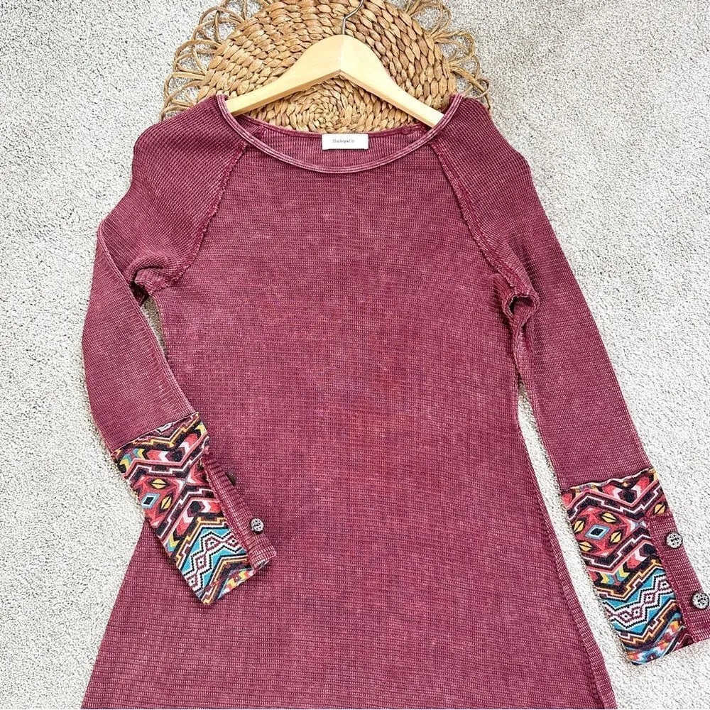 Hailey&Co Waffle Knit Washed Boho Burgundy Red Long Sleeve Mini Dress Size L Size L - Image 4