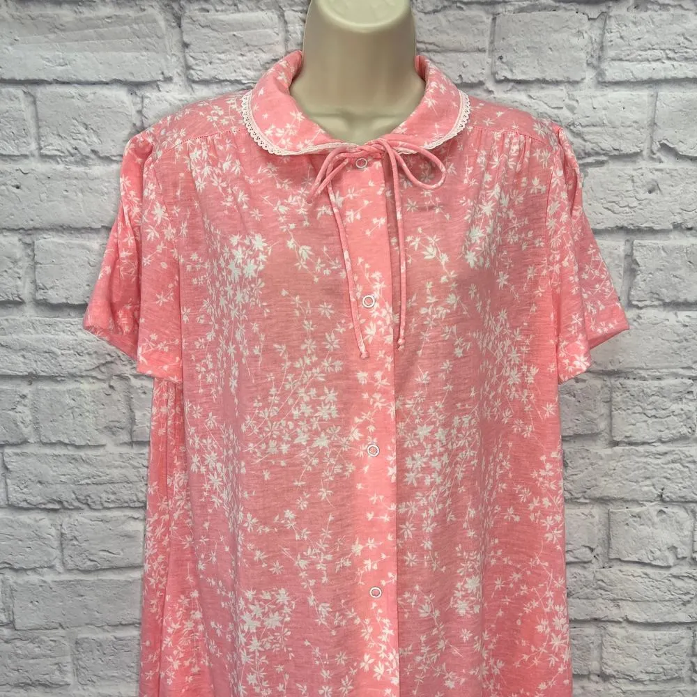 Vintage 70s JCPenney Short Sleeve Robe Pink Floral Size M Snap Button Cottage Size M - Image 3