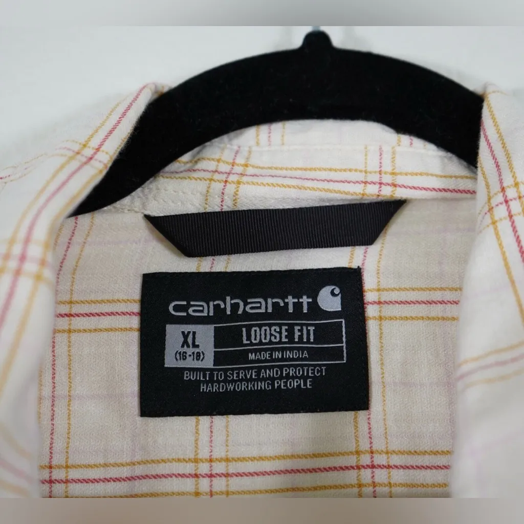 Carhartt Loose Fit Button Shirt Womens XL Cream Plaid Front Pockets Super Soft - Image 3