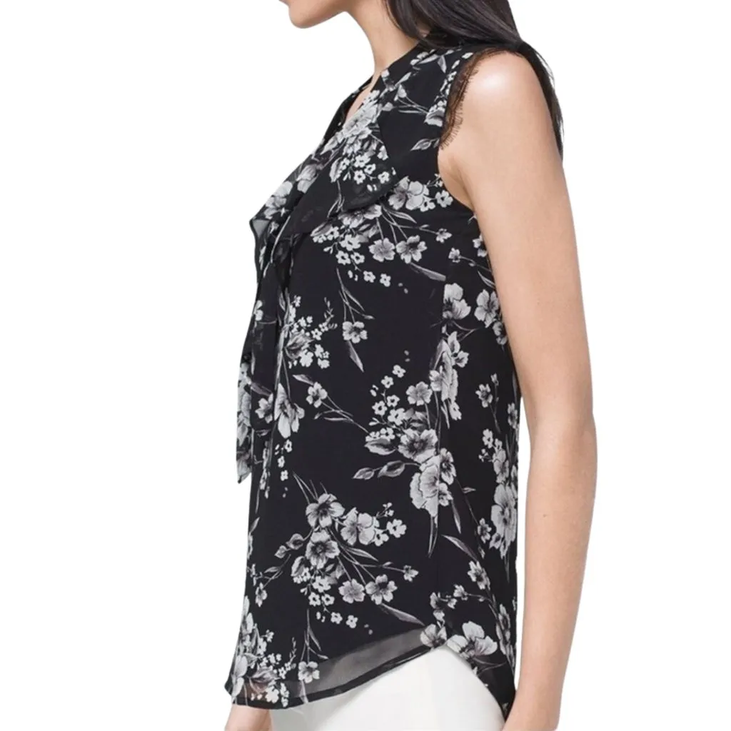 Black Floral Lace Cap Sleeve Tie Neck Lightweight Blouse Medium Career - Image 4