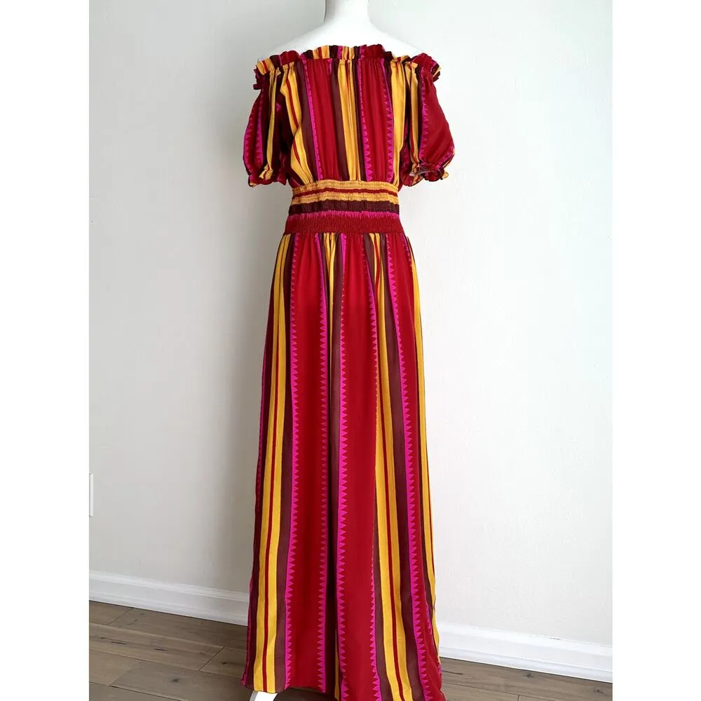 Anthropologie Anupamma Silk Maxi Dress Striped Off Shoulder Red Resortwear XS - Image 6