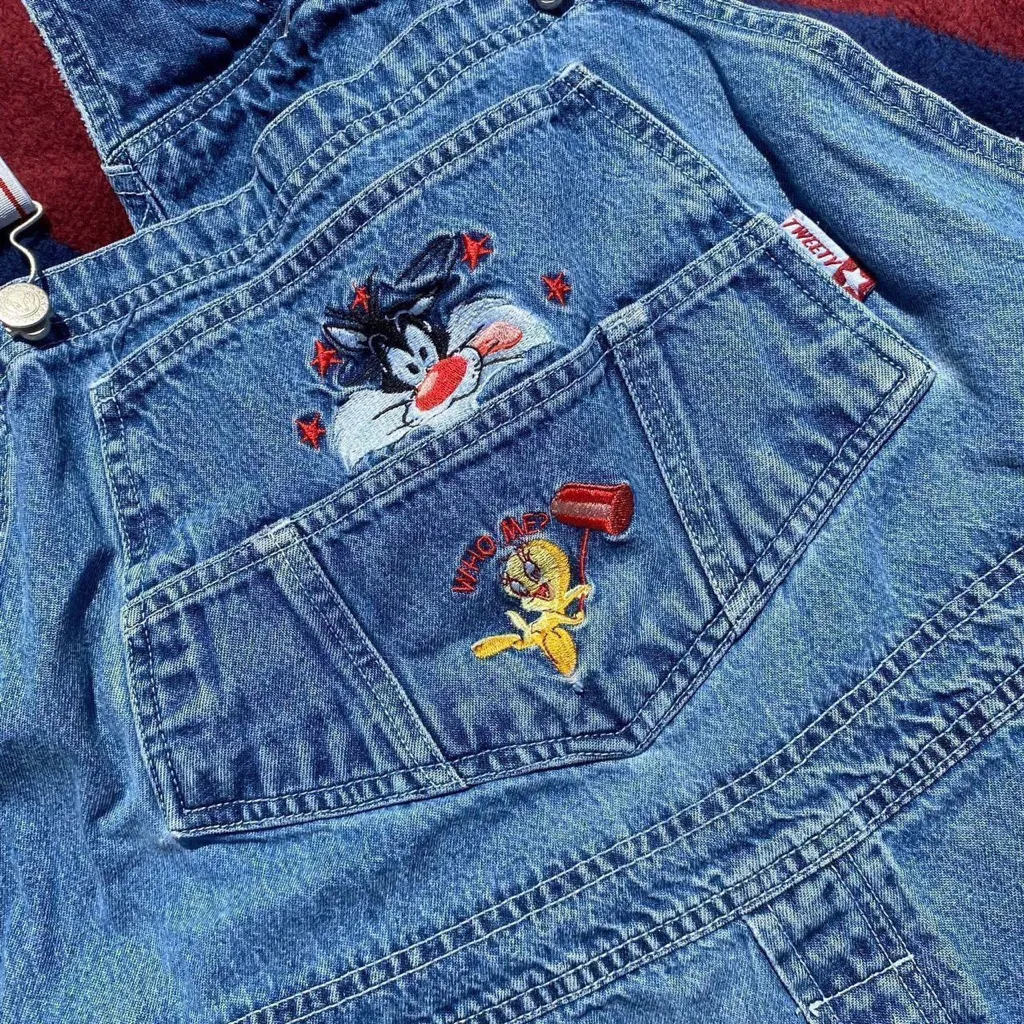 Vintage Y2k 2001 Looney Tunes denim jeans dungarees overalls Sylvester Tweety Blue Size 22W - Image 2