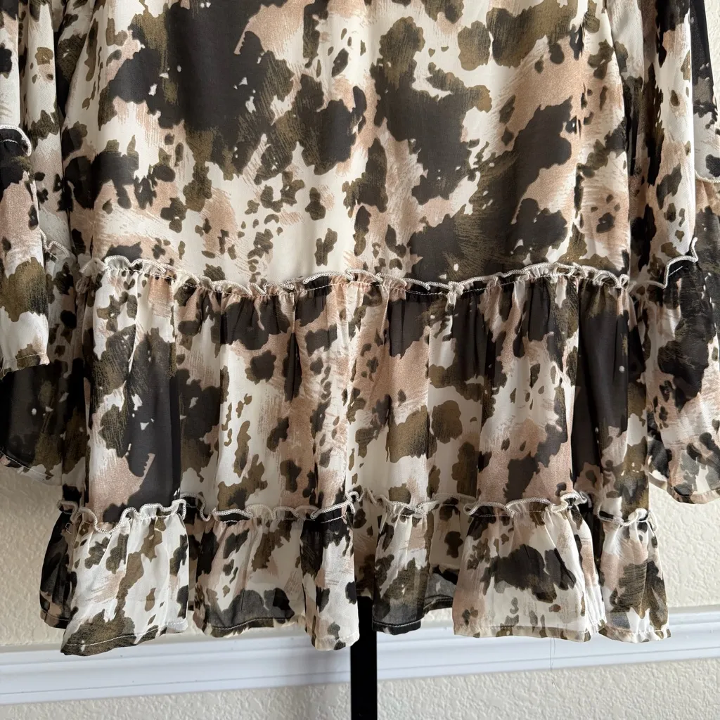 Oversized Smocked Peasant Blouse Size Small Sheer Lined Flowy Brown Boho Top - Image 5