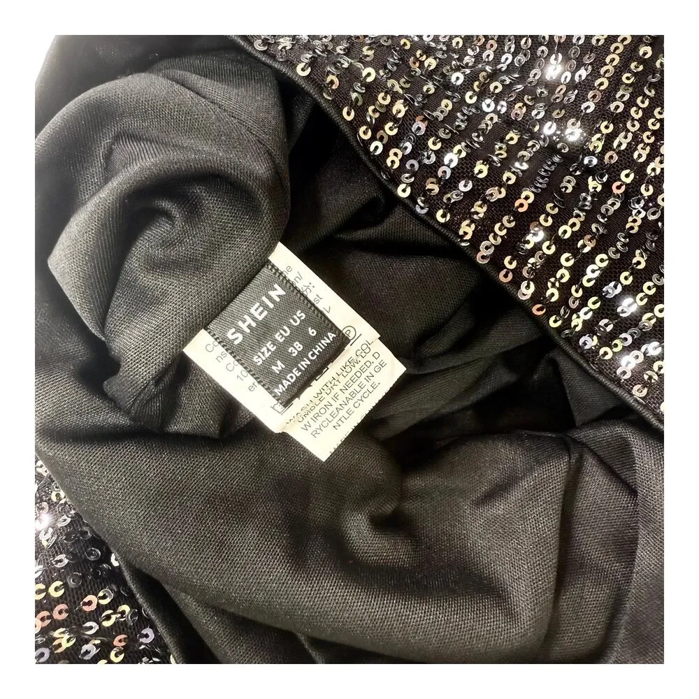 Shein High Waist Wide Leg SEQUIN PANT Women's 6 (M) Black Silver Flare Festival - Image 3