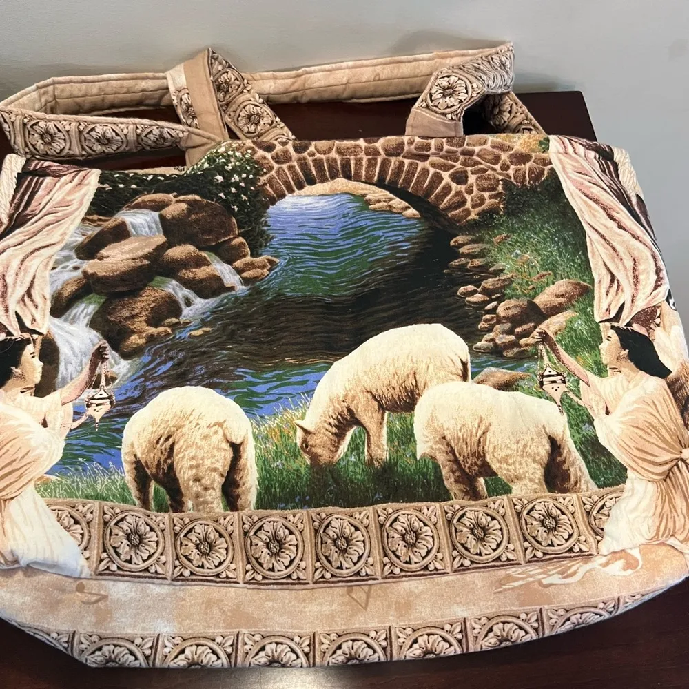 Blue and Tan Tote Bag with Angelic Design - Image 2