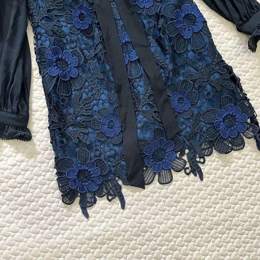 NWT Self Portrait Navy 3D Cold Shoulder Floral Guipure LACE Mini Dress Sz 8 - Image 8