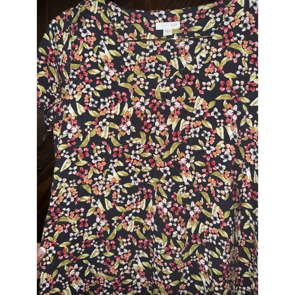 J Jill Womens XS Knit Dress Black Floral Midi Short Sleeve Classic VNeck Stretch - Image 3