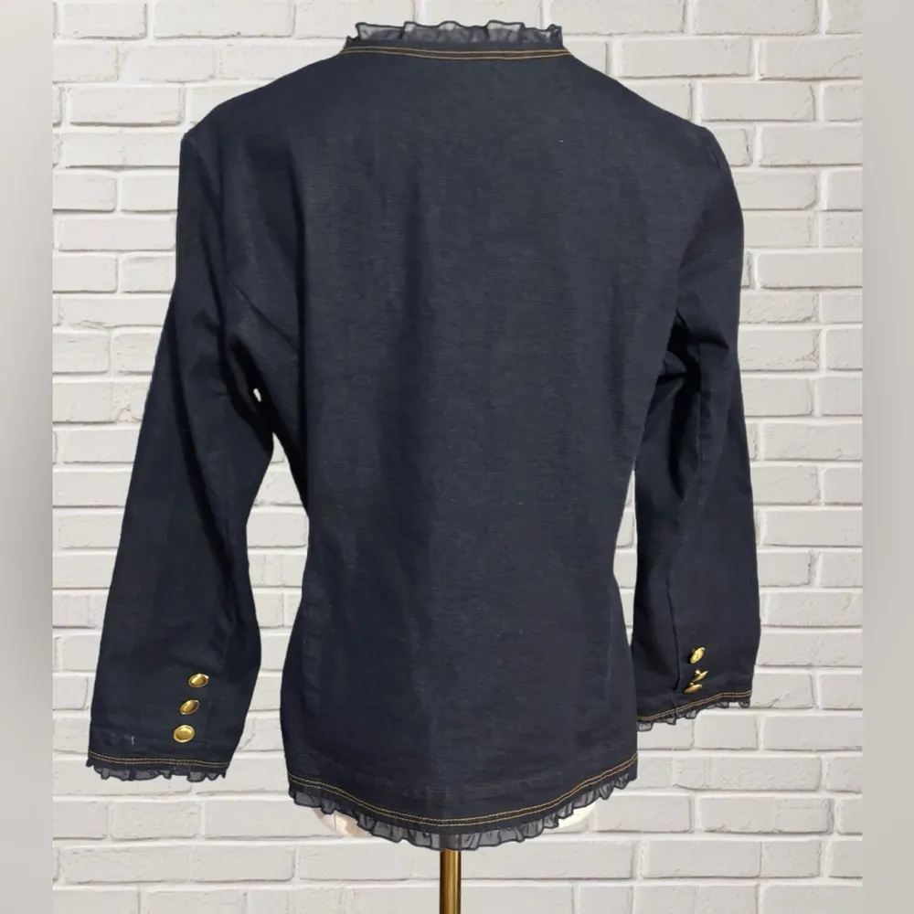 Joan Rivers Dark Wash Denim Jacket Ruffle Trim Gold Button Classic Style Size 8 - Image 3
