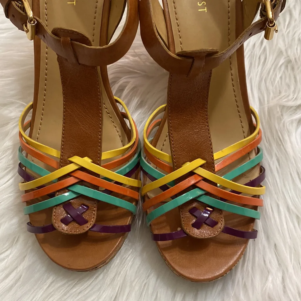 Nine West Thatch Rainbow Multicolor Cork T Strap Wedges - Image 3