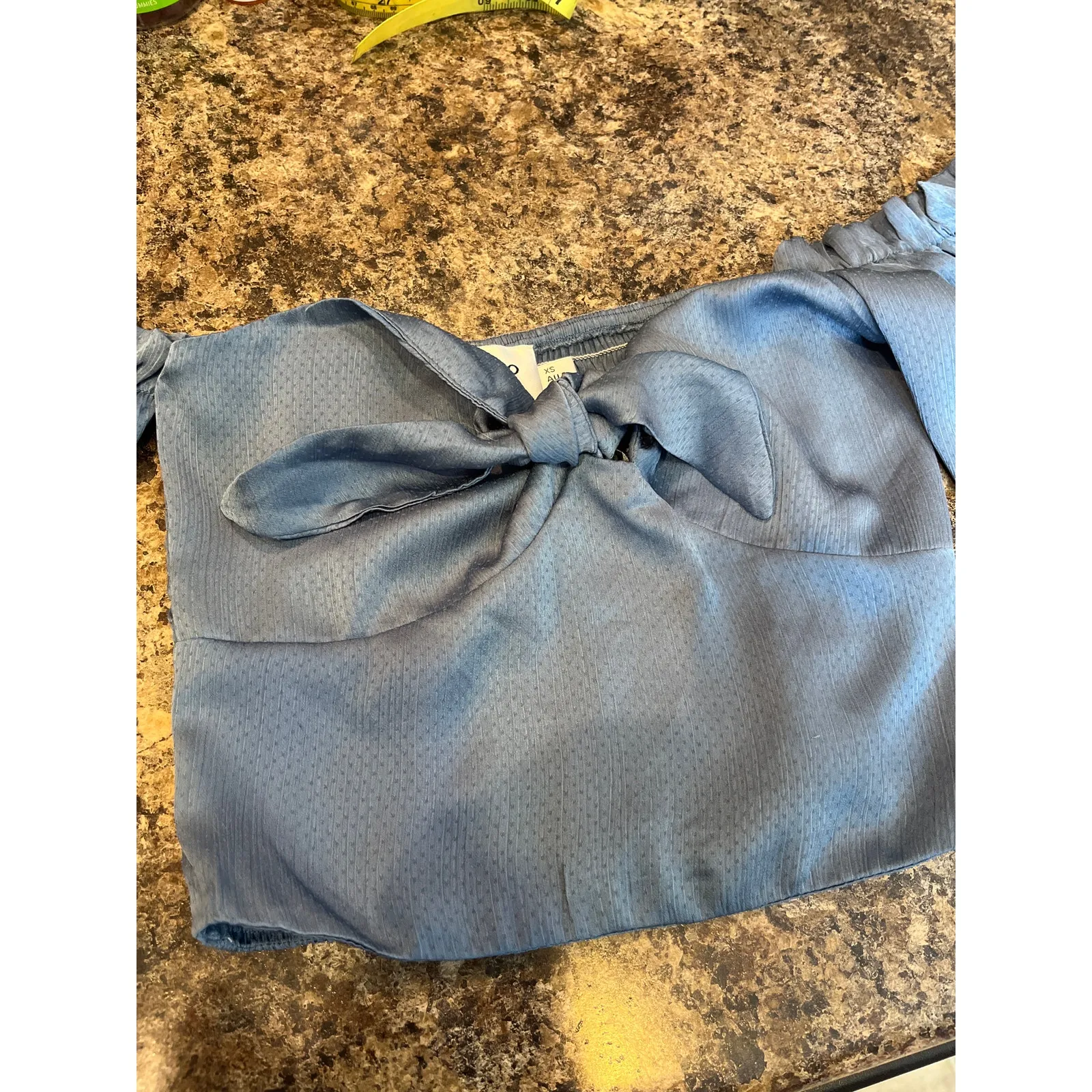 Hello Molly Azure Skies Crop Blue Satin Shirt On or Off‎ the Shoulder Size 2 - Image 5