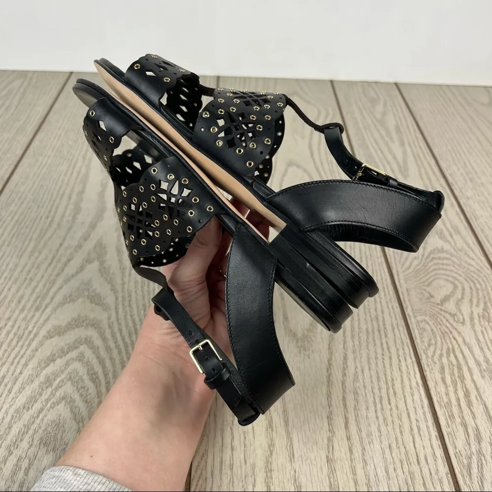 Furla Aurora Laser Cut Lace Pattern Leather Sandals EUR38.5 Onyx Black $345 - Image 6