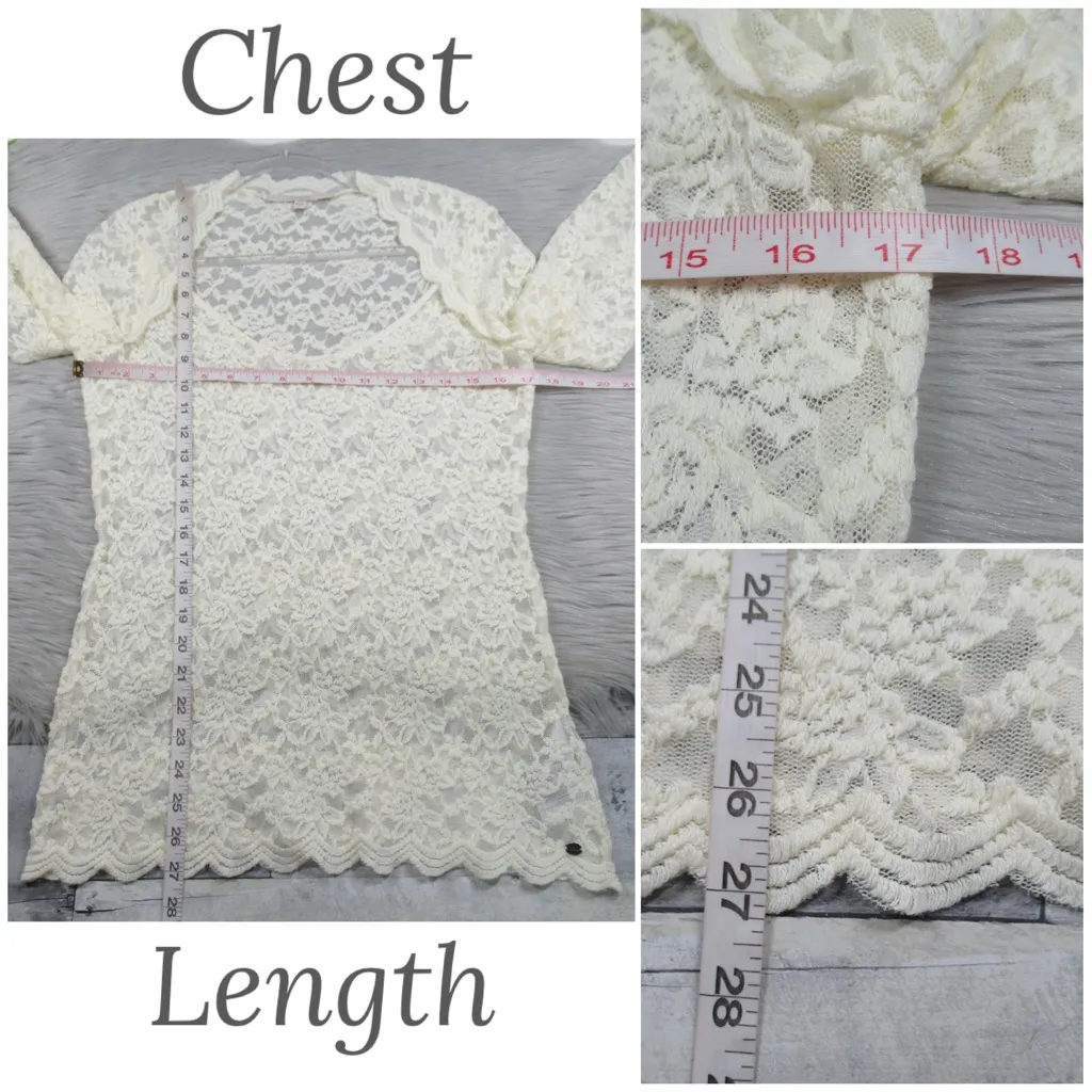 GUESS Ivory Lace Sweetheart Neck Long sleeve Sheer Blouse Women's Size XL - Image 11
