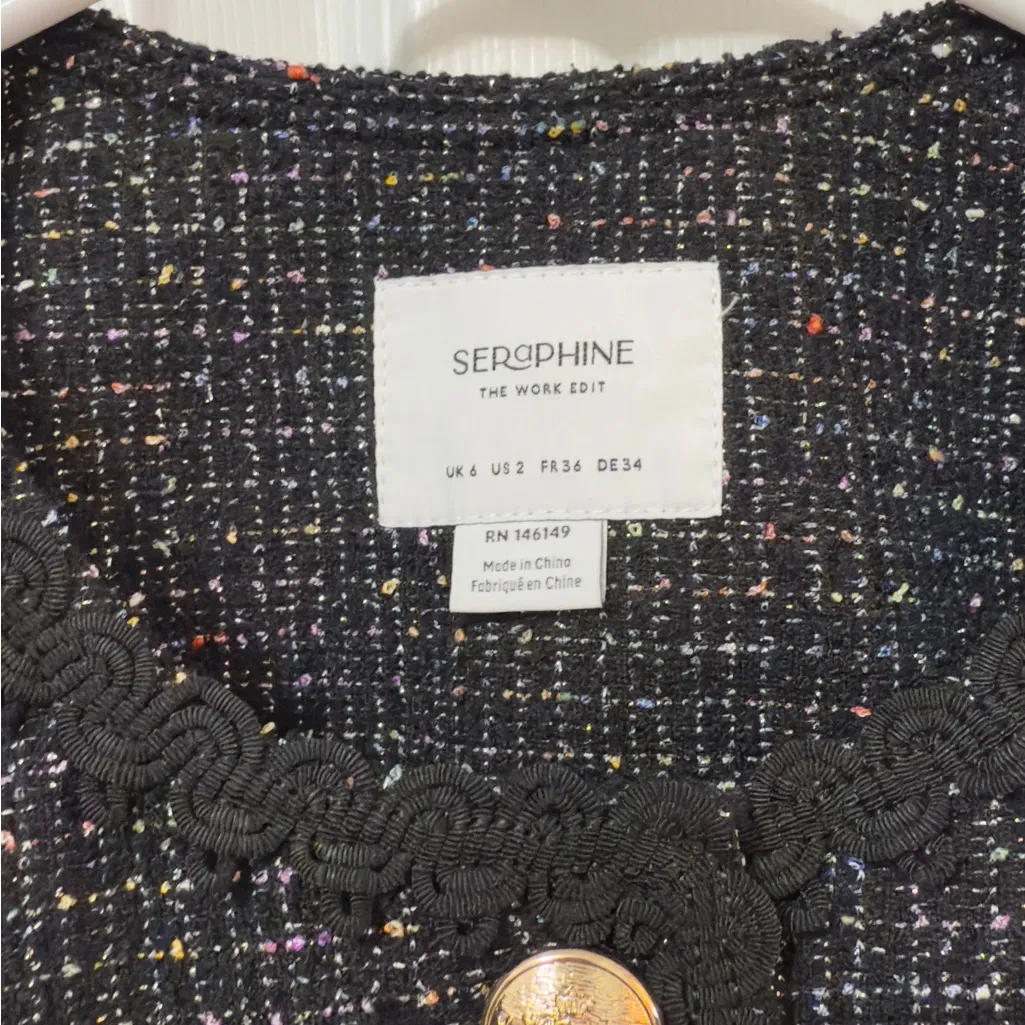 Seraphine Black Tweed Jacket with Gold Buttons Size 2 - Image 3