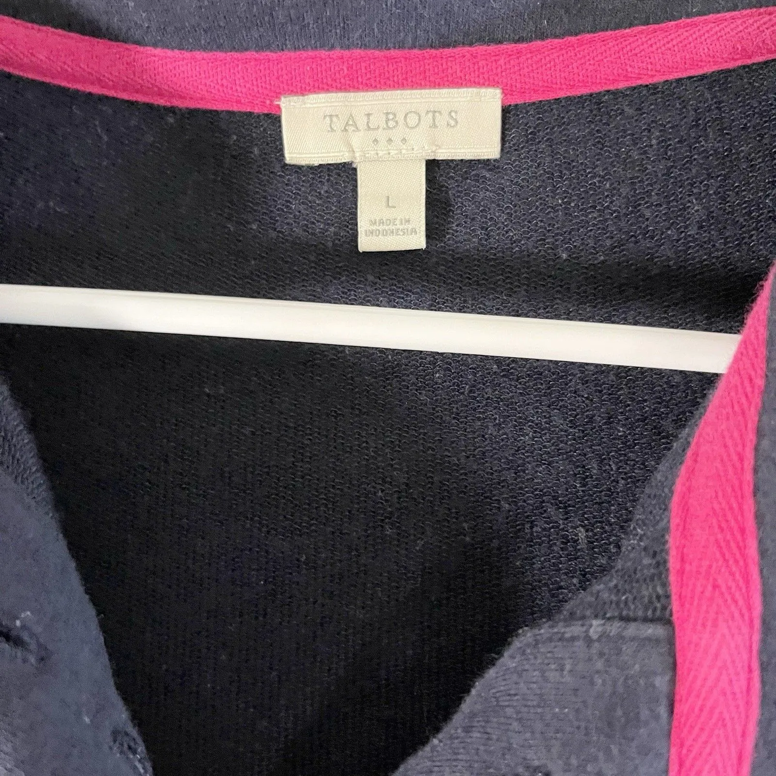 Talbots Navy Blue White Striped Button Neck Sweatshirt Pink Bow L - Image 2