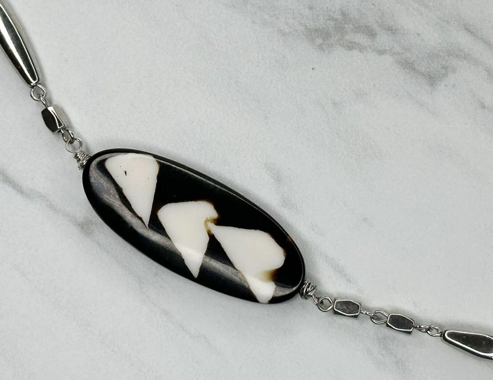 Chicos Black White Geometric Beaded Long Silver Chain Necklace 46" ✨ - Image 6