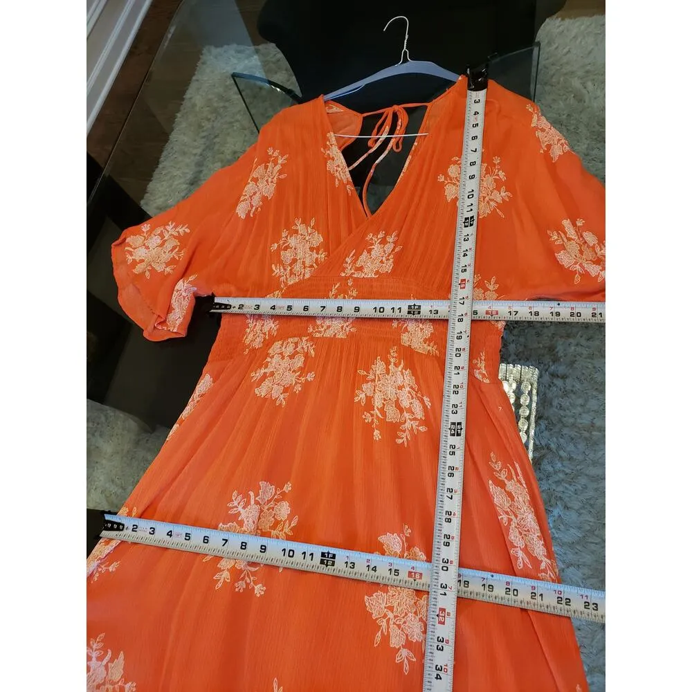 Oddi Long Maxi Dress Women's Size 2XL Orange Smocked Waist V Neck Kimono Sleeve - Image 9