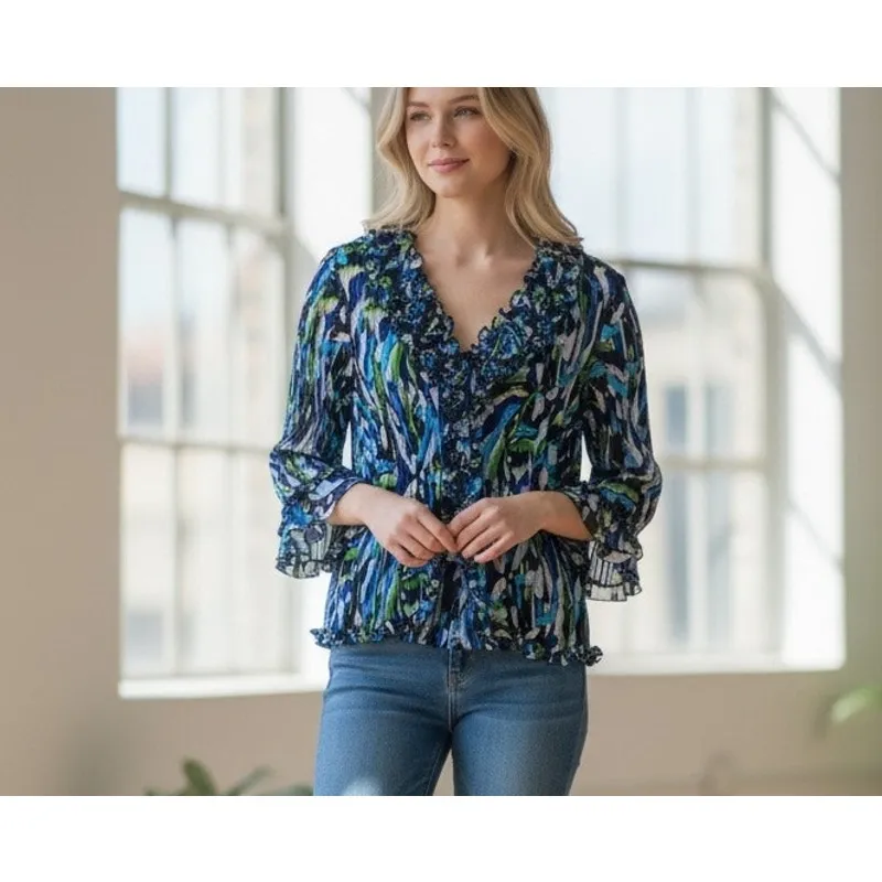 Crinkle Blouse Bell Sleeve Button Down Asymmetrical Hem Ruffles Notations PXL - Image 2