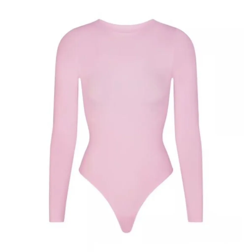 Skims Essential Crew Neck Long Sleeve Bodysuit in Cherry Blossom, Size XXS/XS - Image 3