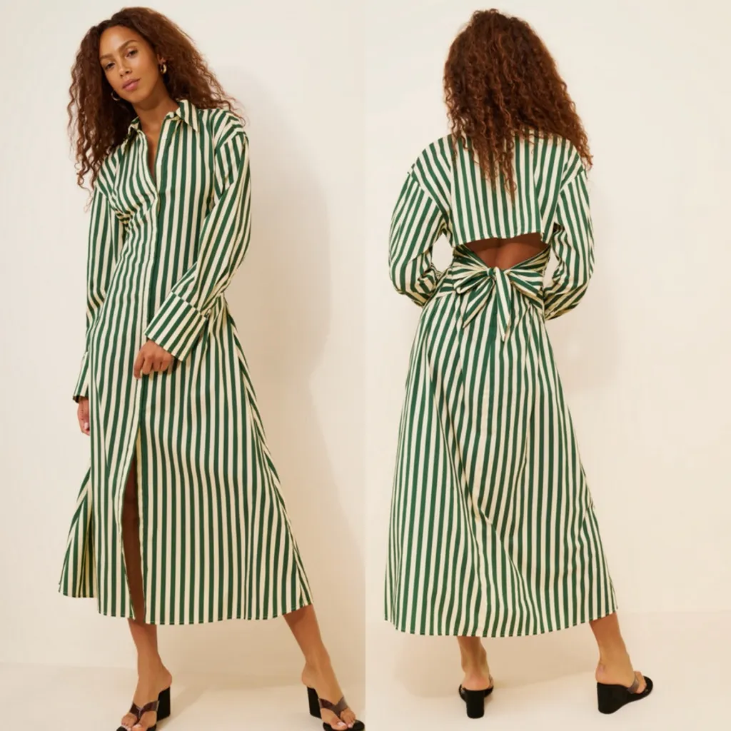 SIMONMILLER Loch Striped Poplin Maxi Shirt Dress Size Large NWT Green - Image 2