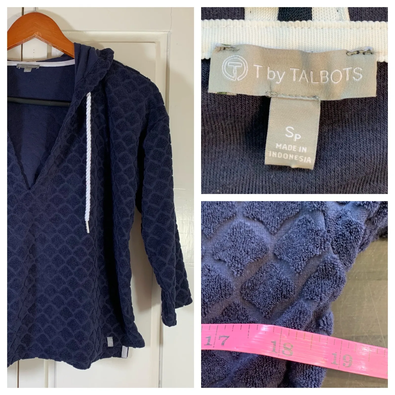 T by Talbots‎ Terry Cloth Navy Diamond Textured V Neck Hooded Pullover Top SP Blue Size undefined - Image 13