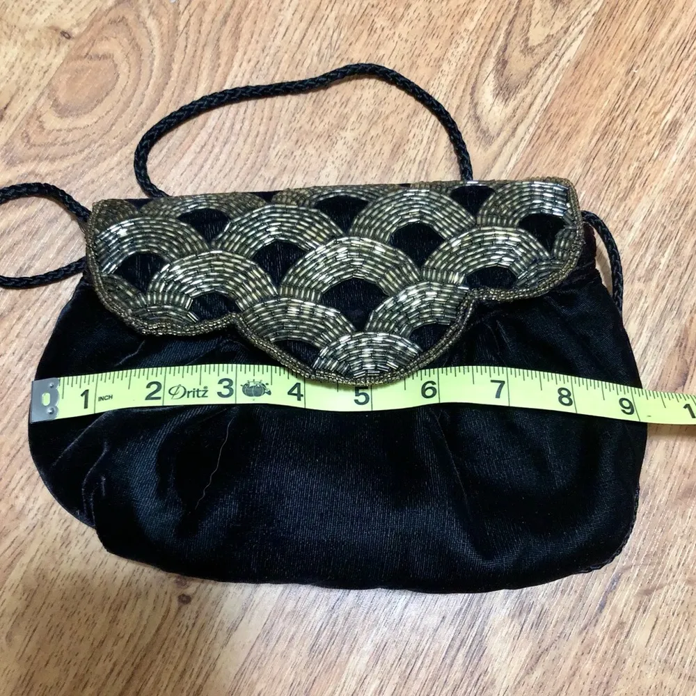 Vintage 70s Crushed Velvet Mini Shoulder Bag Beaded Black Gold Sparkly Art Deco - Image 7