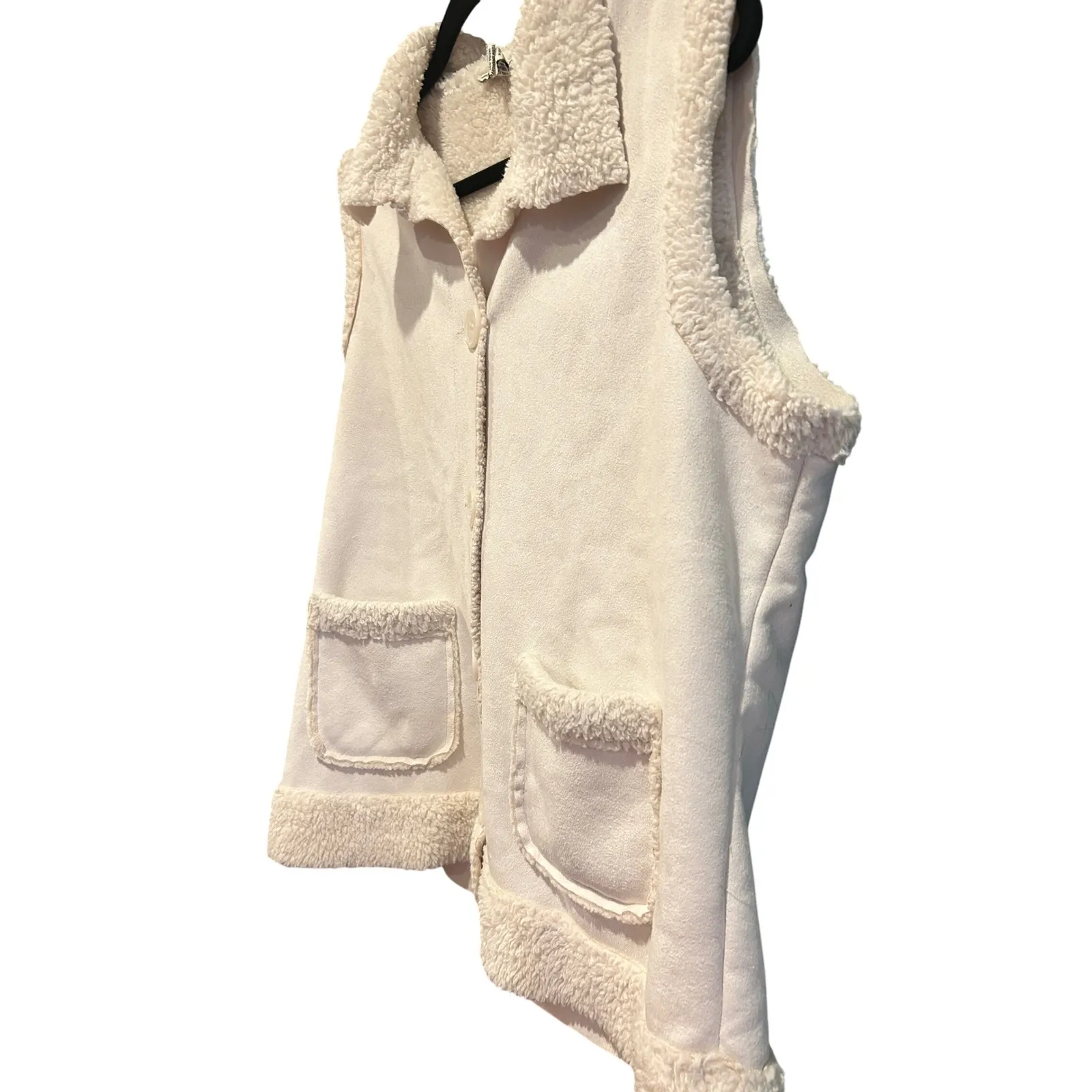 Faux Suede Sherpa Vest Large Sleeveless Button‎ Up Pockets Winter Warm Cozy - Image 3