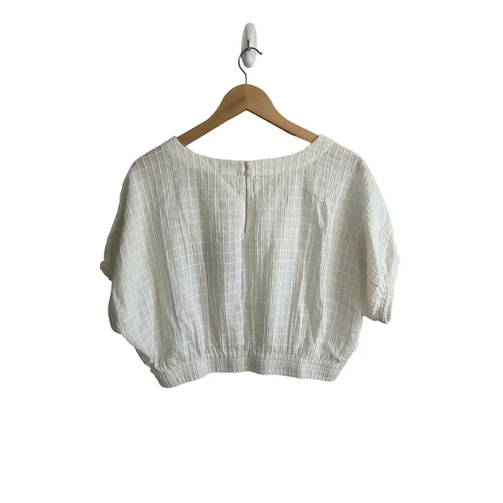 Faherty Cala Windowpane Short Dolman Sleeve Cropped Crew Neck Ivory Top Large - Image 7