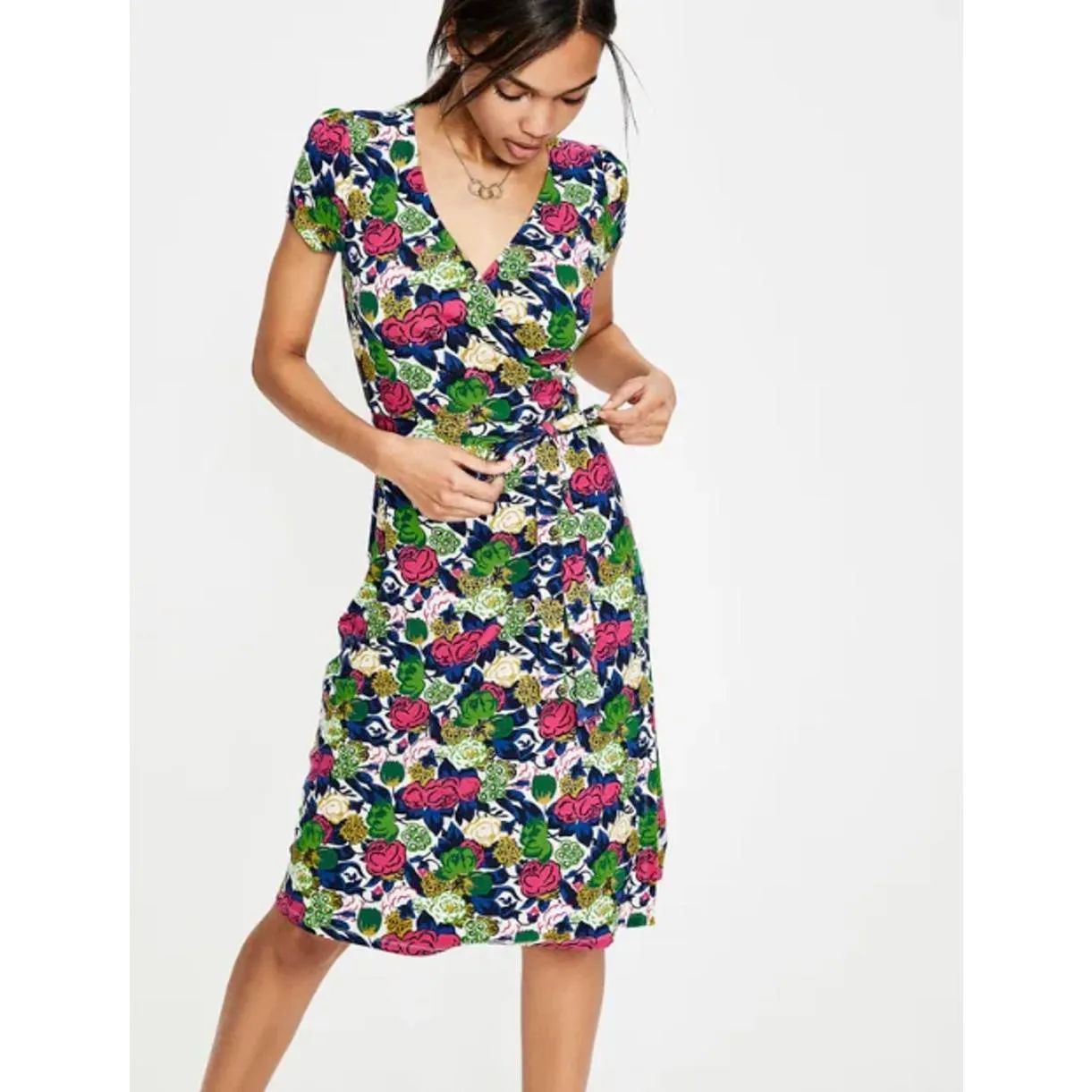 BODEN Summer Floral Pink and Green Wrap Dress - Image 2