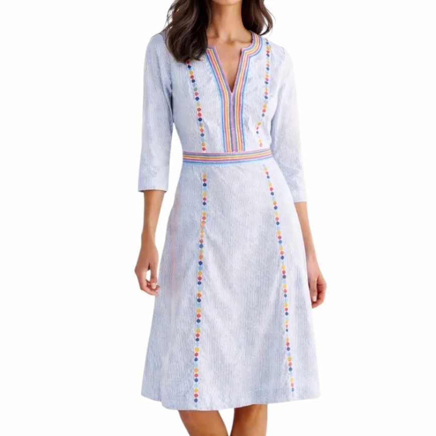 Boden Dress Embroidered Size 6 Fit Flare Cotton Blue Stripe Multi Women’s - Image 2