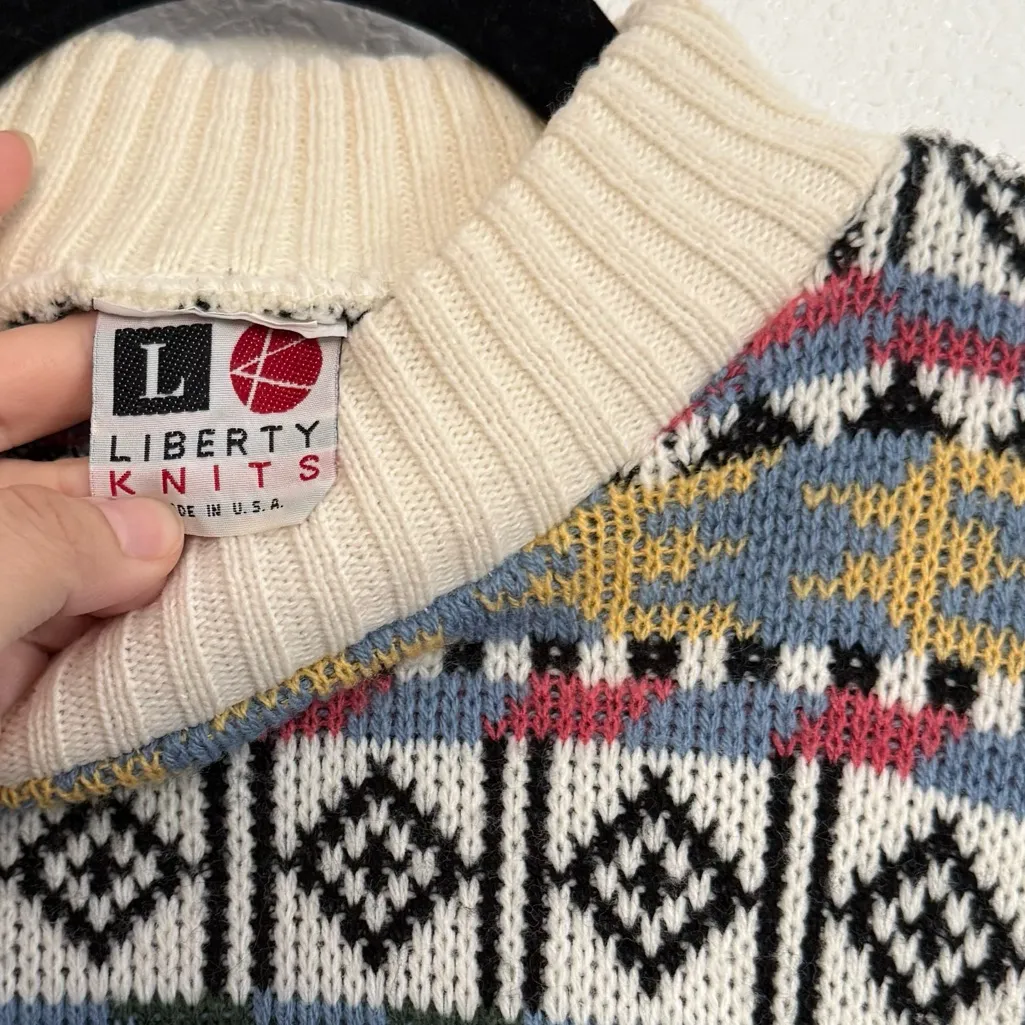 Vintage 90s Liberty Knits Patterned Knit Pullover Sweater Medium White - Image 3