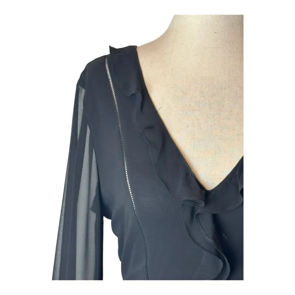 Express Black Ruffle V Neck Long Sheer Sleeve Fit‎ And Flare Mini Dress Size 2 - Image 5