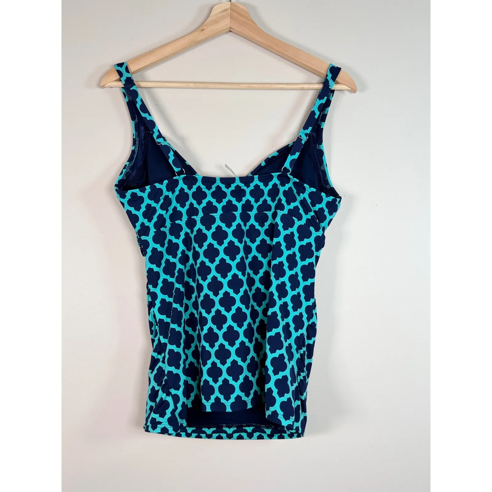 Lands End Tankini Swim Top Blue Teal Quatrefoil Ruched Gathered Size 10 - Image 2