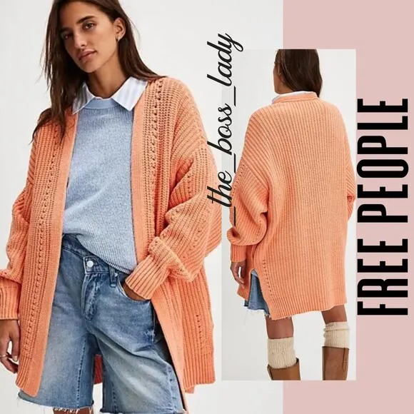Free People cardigan sweater chunky oversized cotton blend Small coral - Image 6