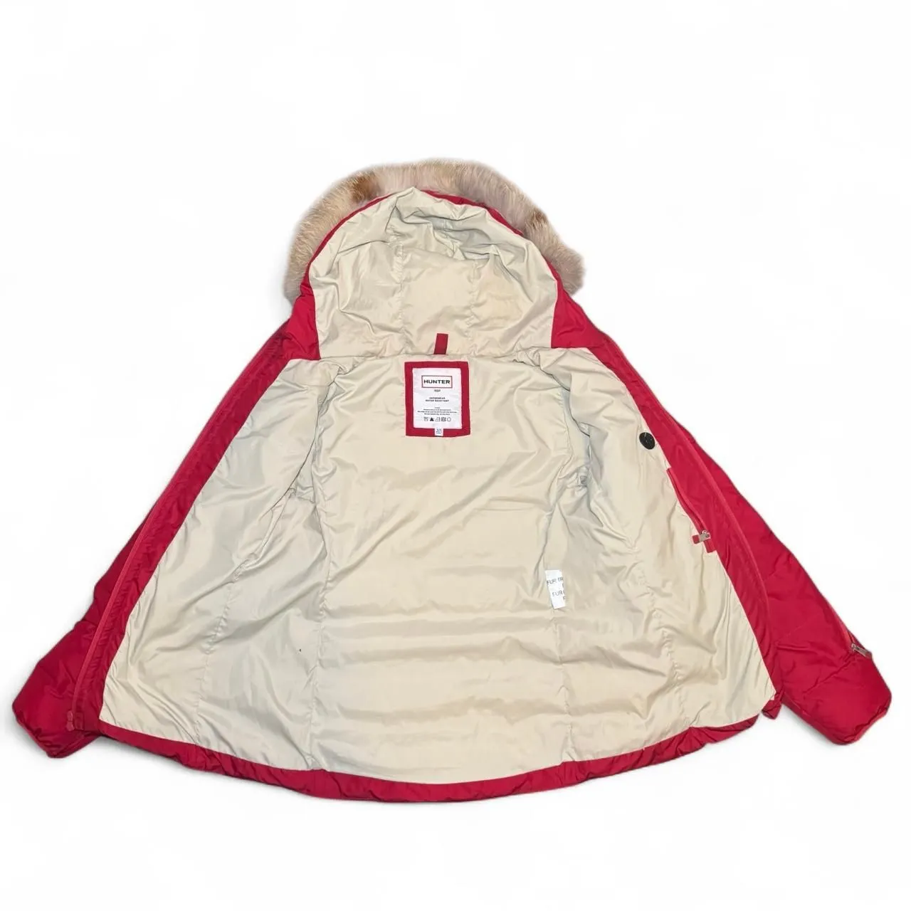 Hunter Down Puffer Coat XS Red Fur Trim Hood Water Resistant Winter Jacket - Image 3
