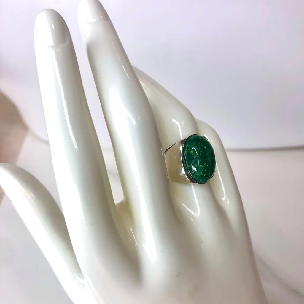 TAXCO Sterling Silver Ring with Green Aventurine Oval Cabochon Gemstone Sz 5 - Image 7