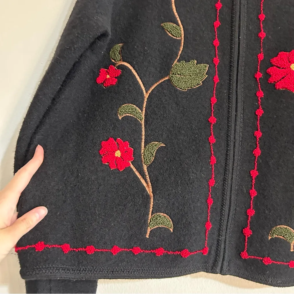 Tally Ho Wool Knit Zip Up Floral Embossed Cardigan Sweater Size Large Black - Image 5