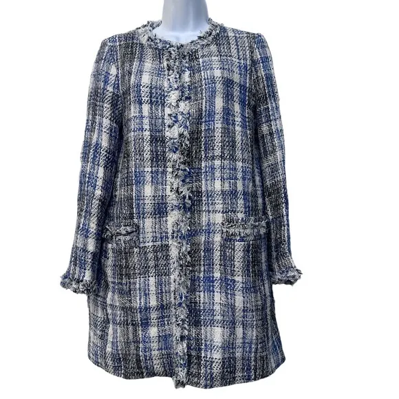 Zara plaid Tweed Coat Jacket Fringe‎ Academia size S - Image 2