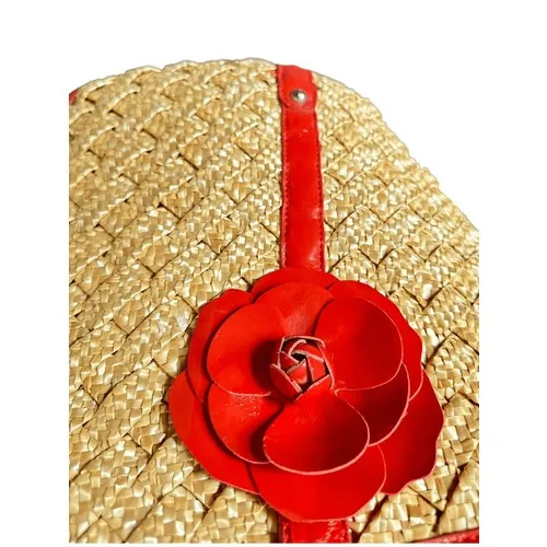 Coldwater Creek Woven Straw Tote Bag Red Leather Trim Flower Accent  Vacation - Image 10